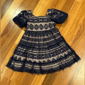 Bonnie Jean Navy Lace Pale Pink Underlay Special Occasion Dress Sz 7 - Like New!